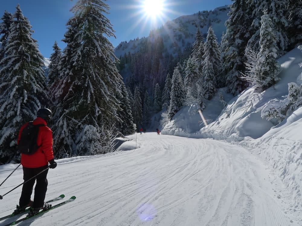A skier on a sunny groomed piste